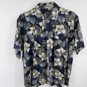 Third Coast Mens Large Tropical Pineapple Hibiscus Cotton Button Up Shirt Navy